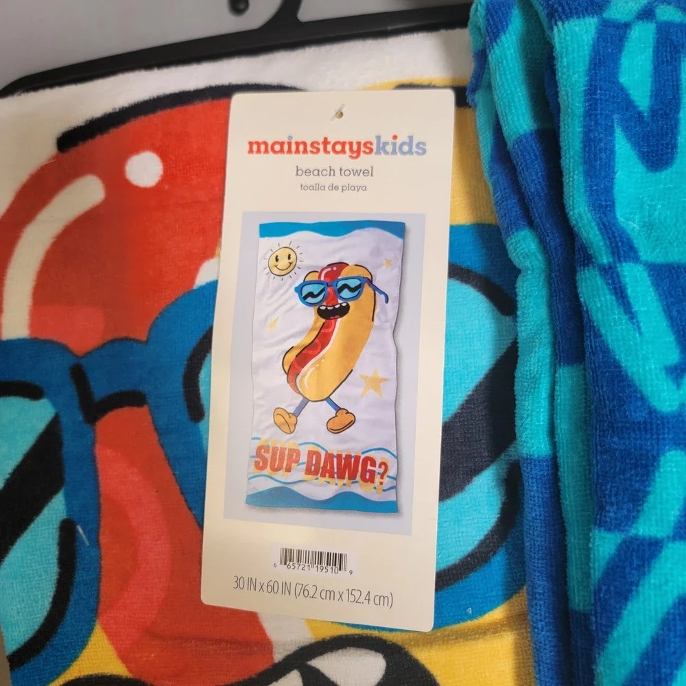 Mainstays Kids Beach Towel Set 2pk 30x60 Blue Shark Hot Dog NEW Graphic Print